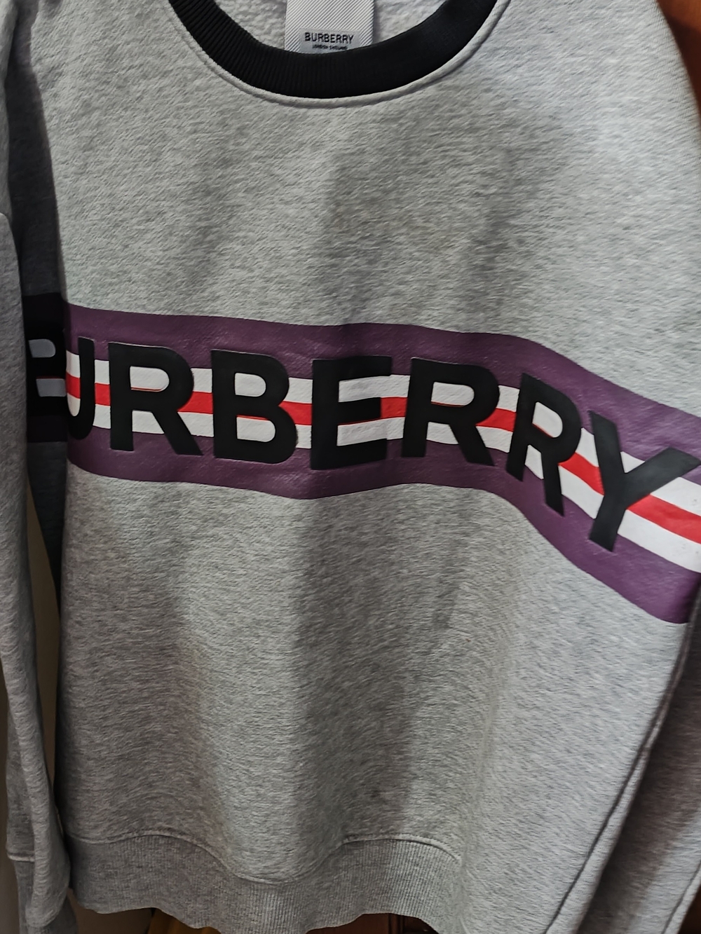 Burberry Grey Crewneck Sweatshirt with Purple Stripe and Black Logo